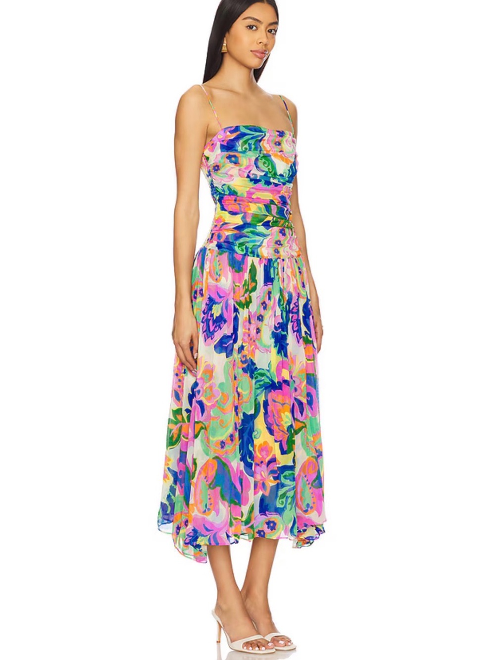 Amanda Uprichard Multicolor Floral Midi Dress with Spaghetti Straps
